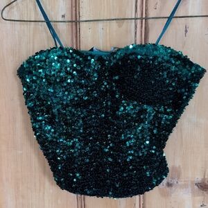 Zara Emerald Green Sequin Spaghetti Strap Crop Top